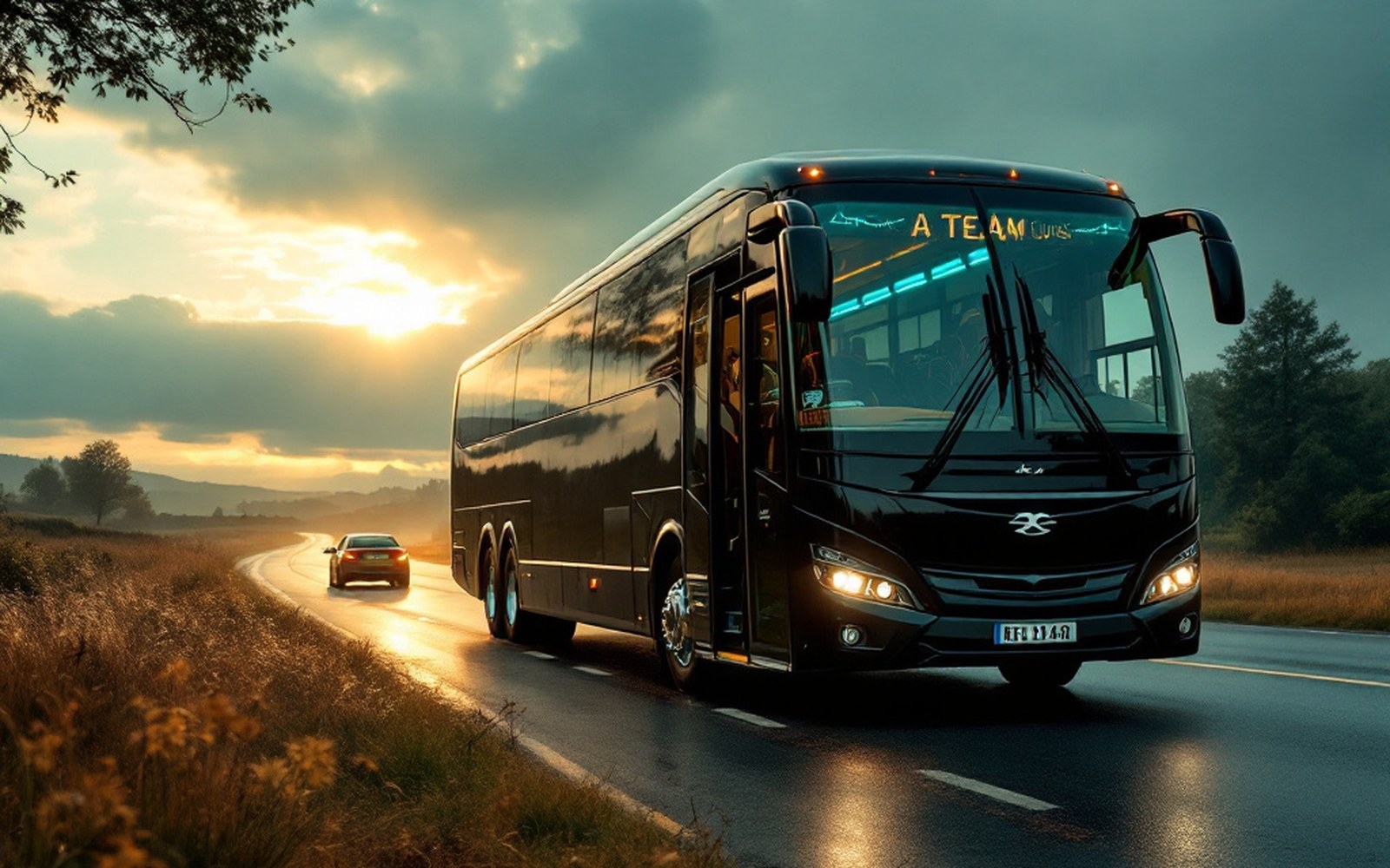 A team coach on a road at first light