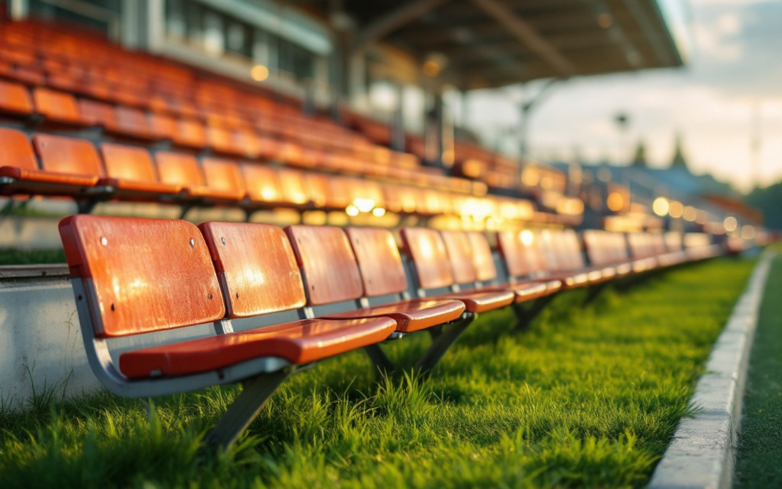 A single-tier stand of bench seating, empty, daylight