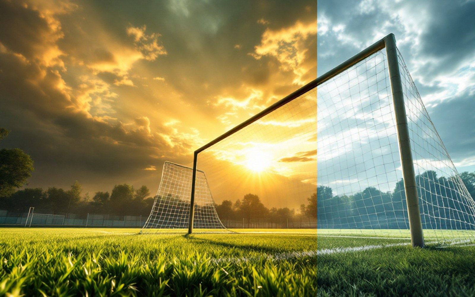 A goalpost seen from the ground looking up