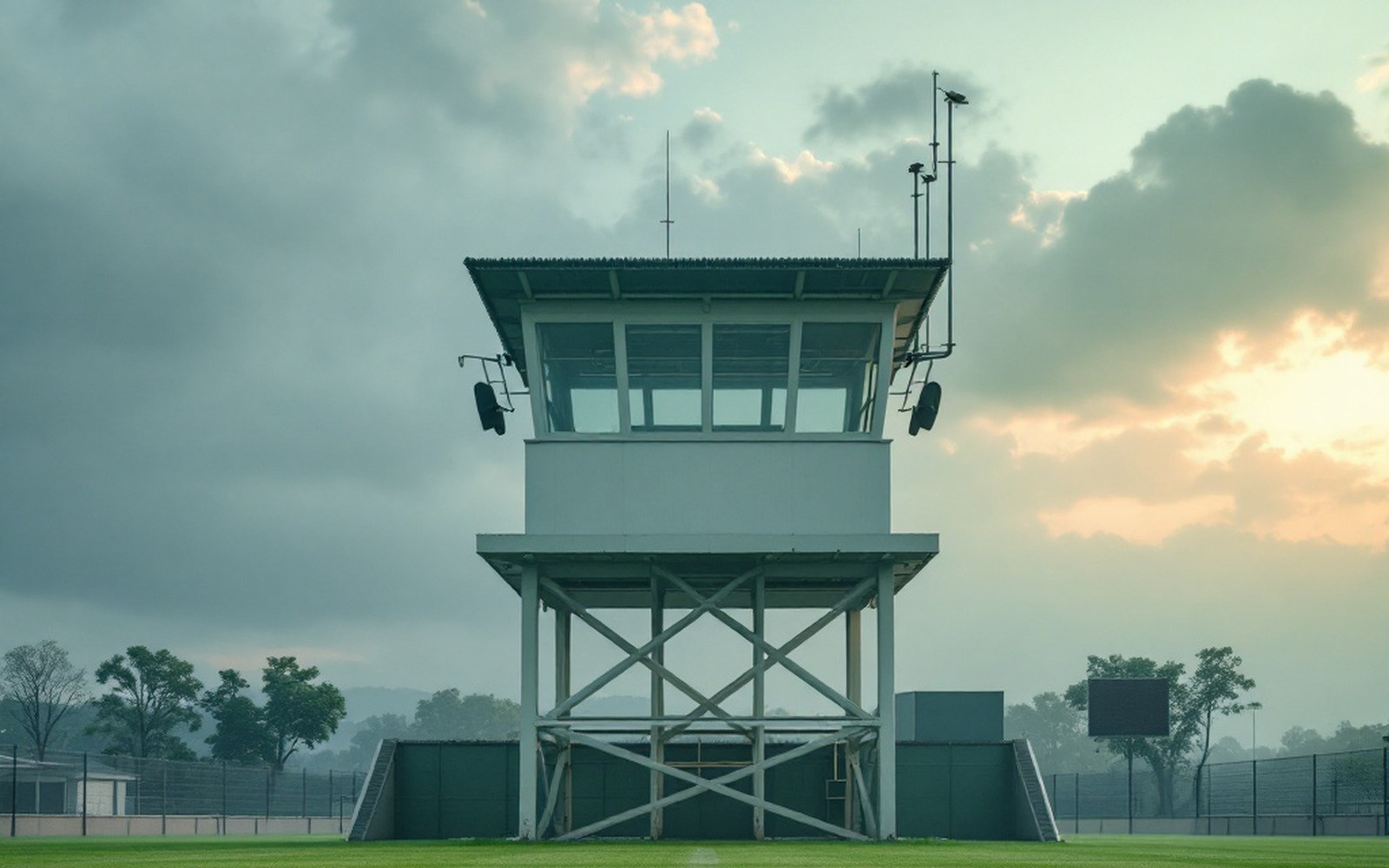 An empty coaching tower above a practice field