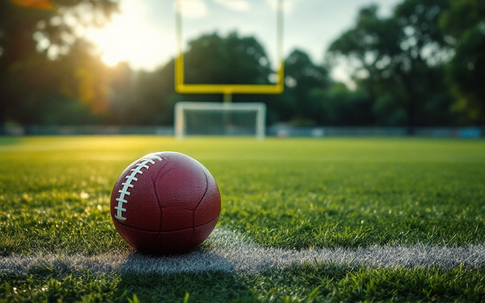 A football on a chalk-marked practice field