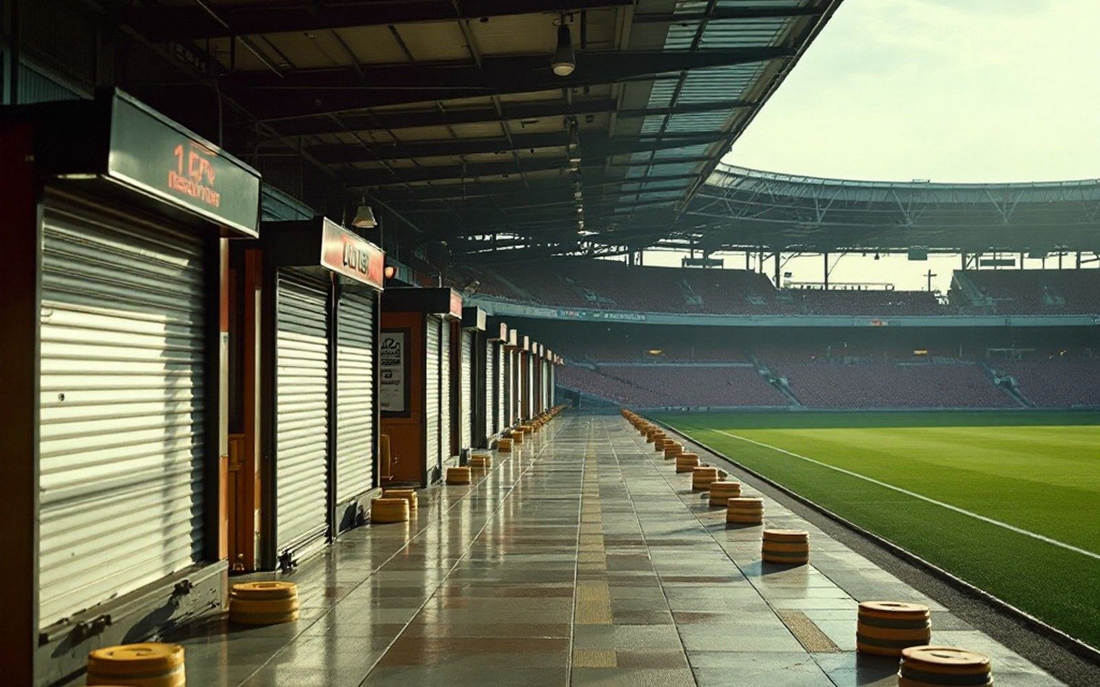 A stadium concourse with shuttered kiosks