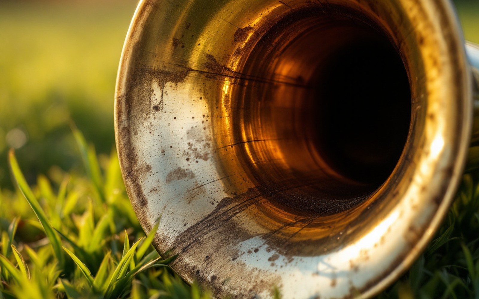 A sousaphone bell catching light, close