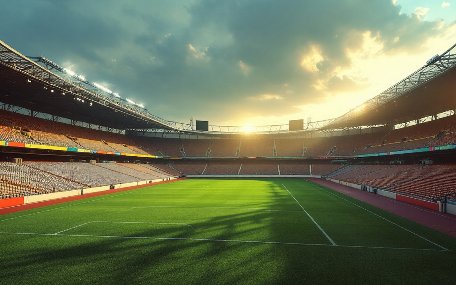 An empty stadium at midday, hard overhead sun