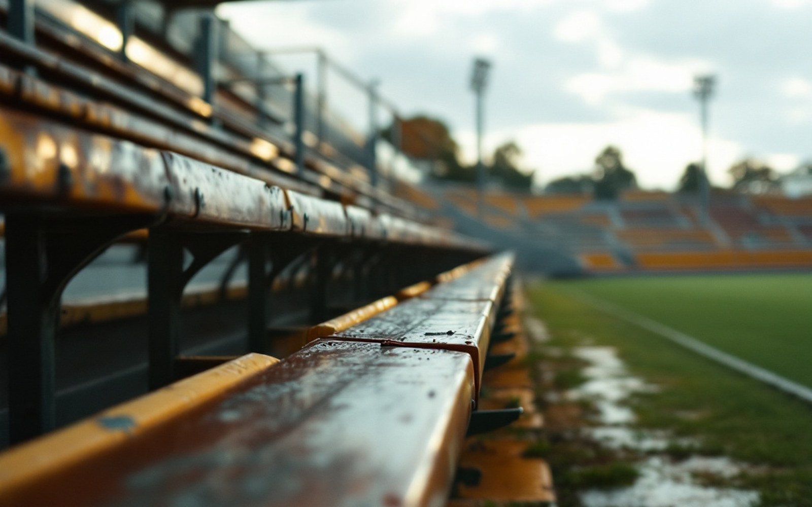 A row of empty bleachers, hard side light