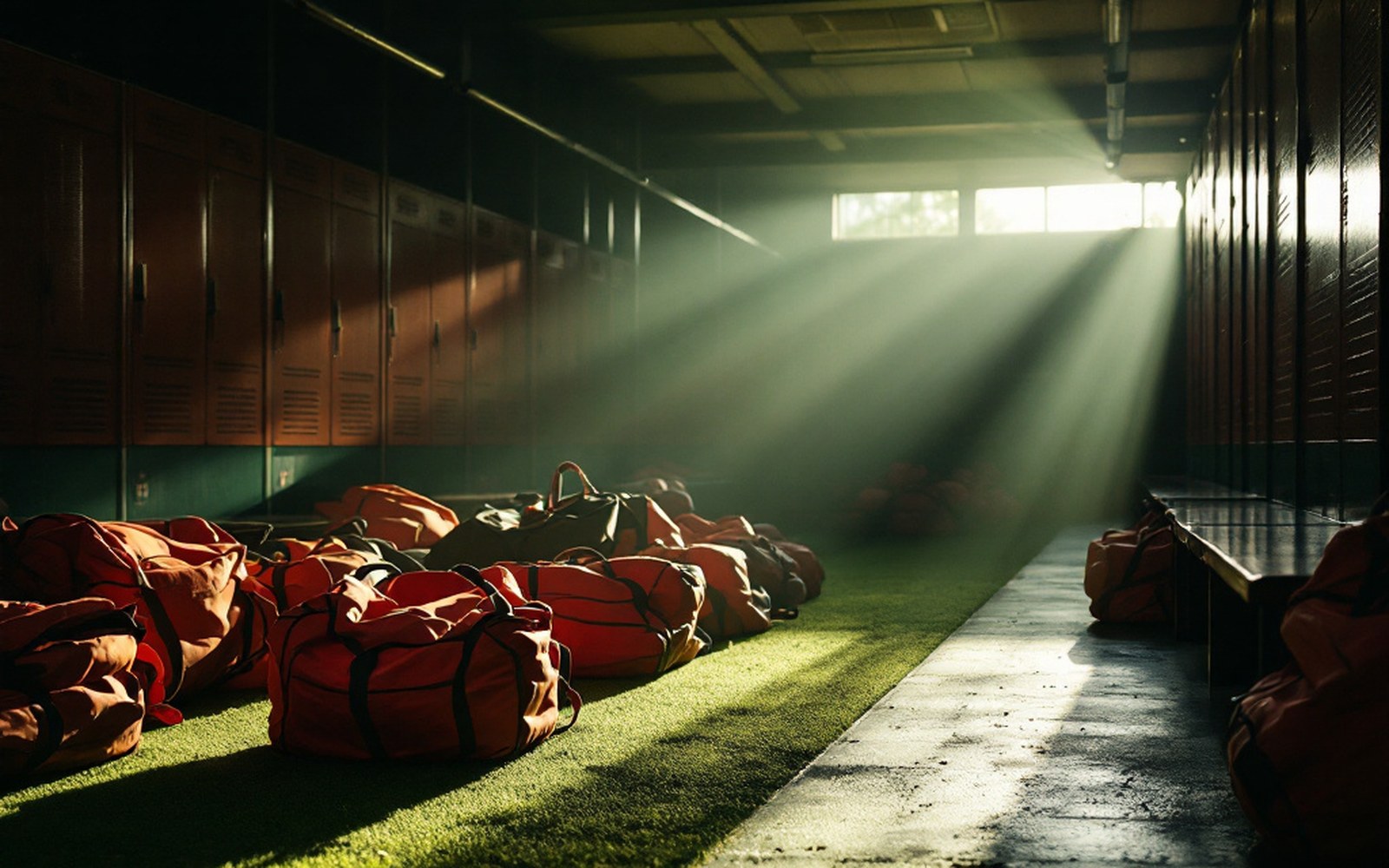 A locker room with kit bags on the floor, low light